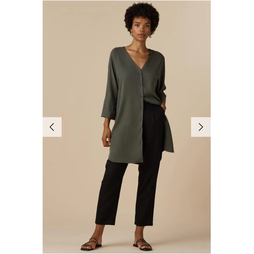 VETTA Tencel Button Down The Boyfriend Shirt Dress in Olive Green // S - Picture 2 of 15